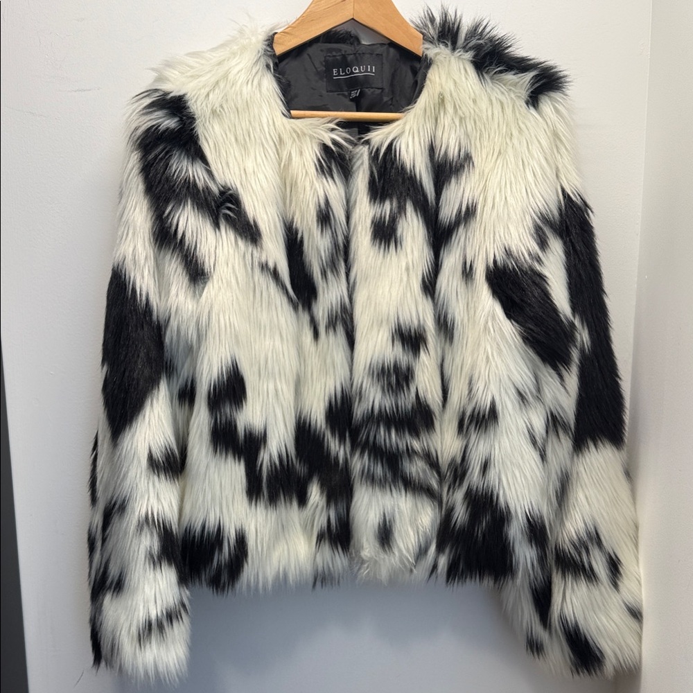 Eloquii Faux Fur White and Black Bomber Jacket